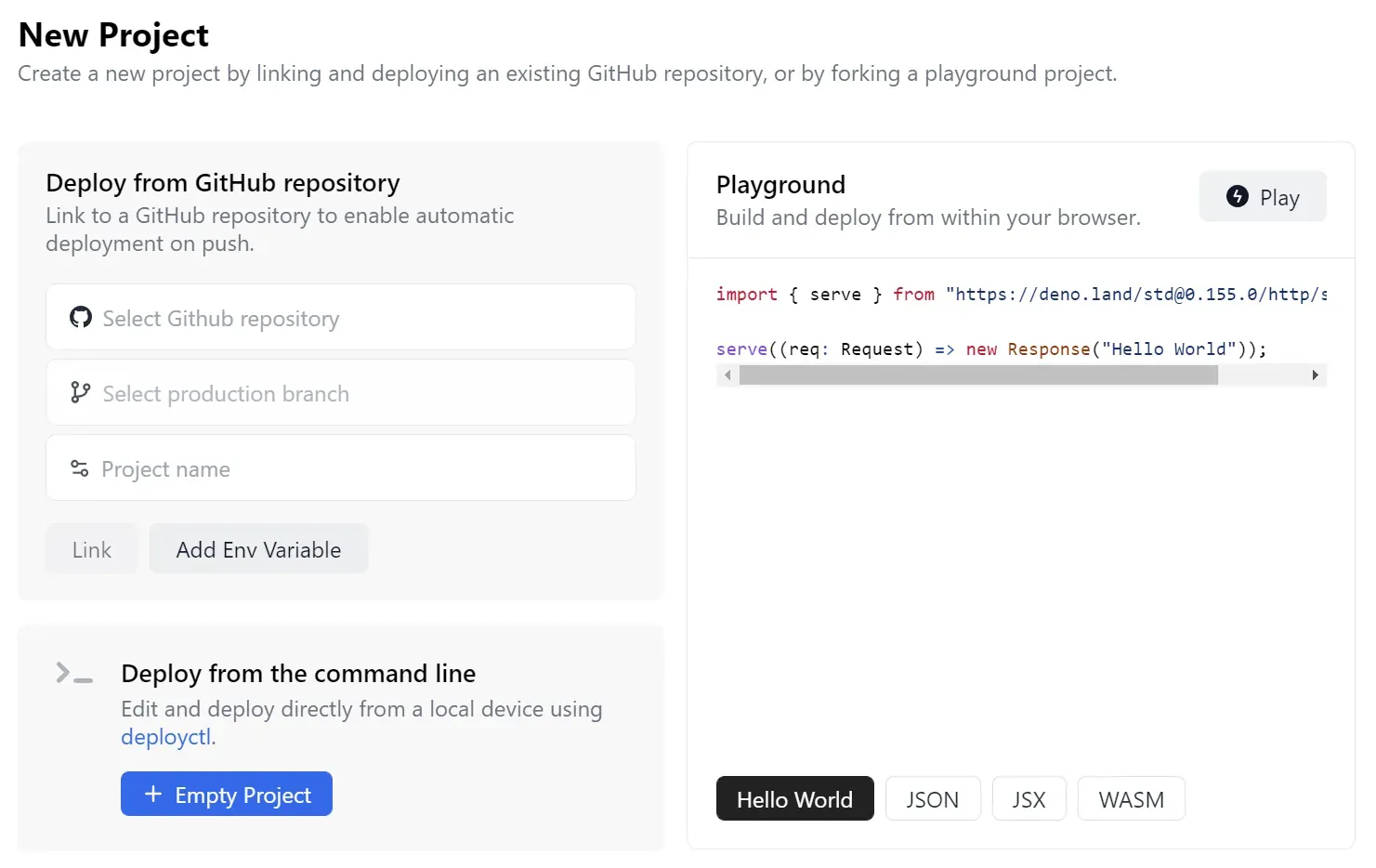 Creating a new project in Deno Deploy
