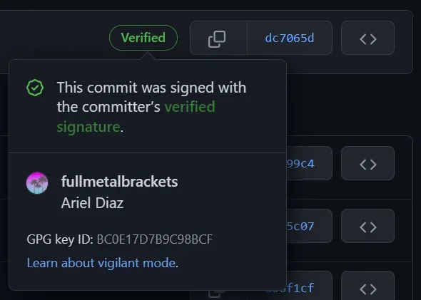 Commit with verified badge in GitHub Commit with verified badge in GitHub.