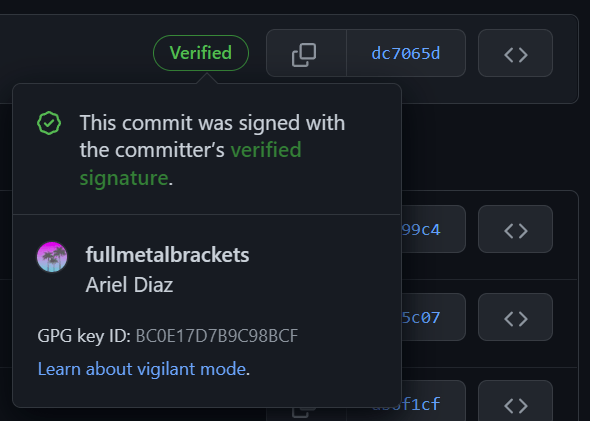 Commit with verified badge in GitHub Commit with verified badge in GitHub.