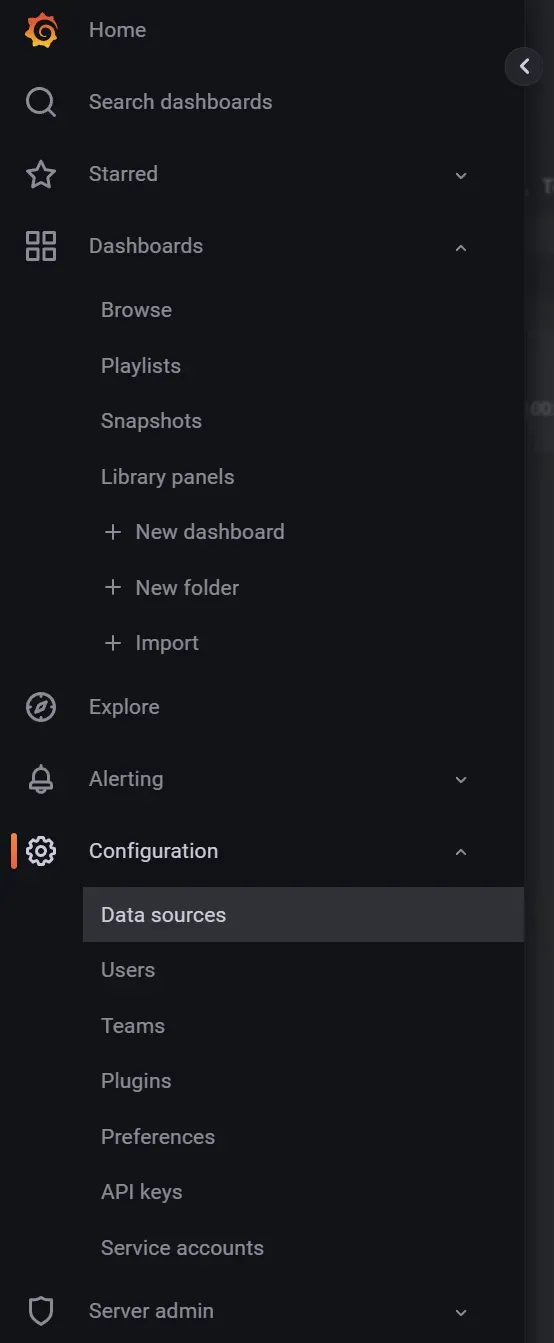 Navigation menu in Grafana.