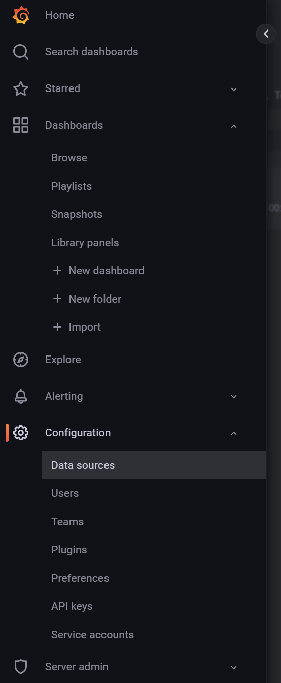 Navigation menu in Grafana Navigation menu in Grafana.
