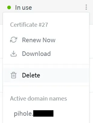 Downloading proxy host certificates in Nginx Proxy Manager.