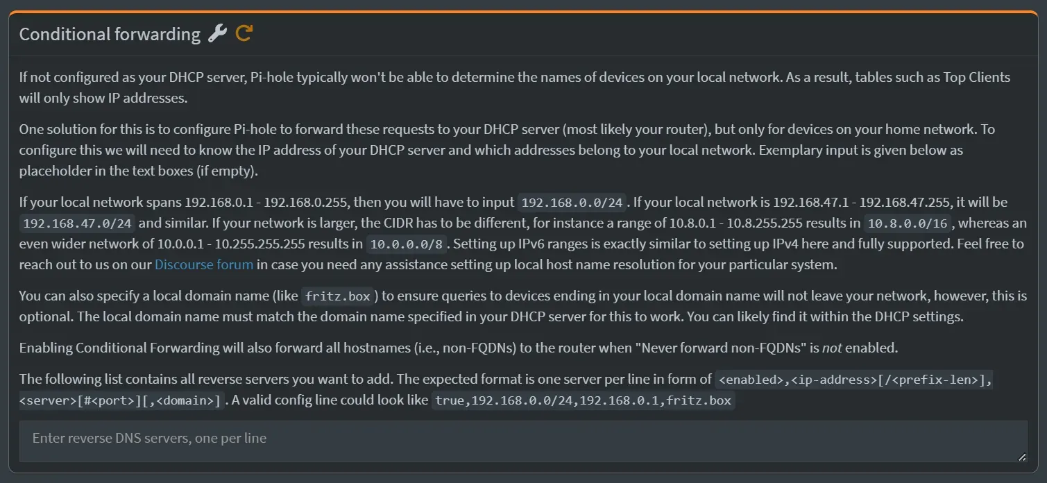 Pi-Hole Conditional Forwarding settings.