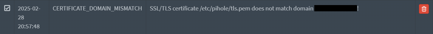 Certificate Domain Mismatch warning in Pi-Hole diagnosis Certificate Domain Mismatch warning in Pi-Hole diagnosis.