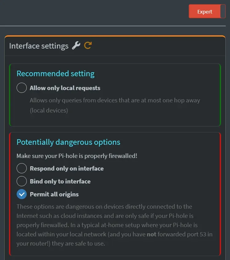 A screenshot of the Pi-Hole web-based user interface, DNS settings