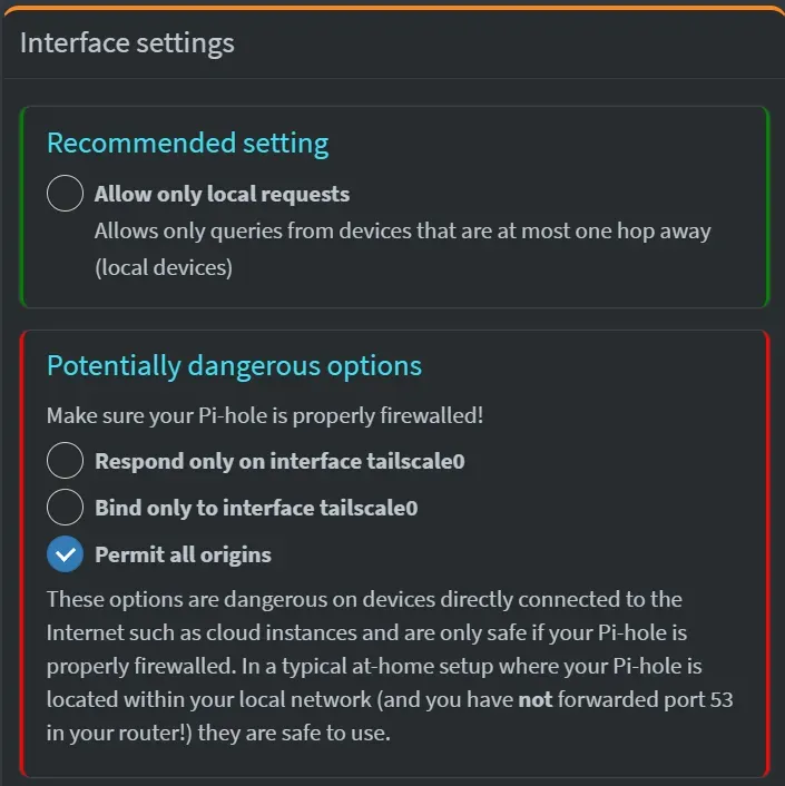 Setting Pi-hole to permit all origins Setting Pi-hole to permit all origins.