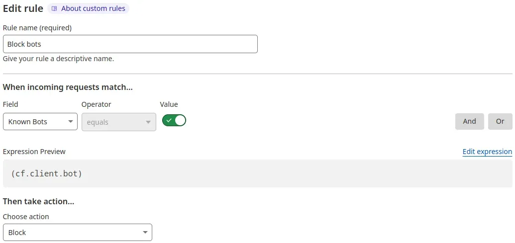 Creating WAF custom rule to block bots.