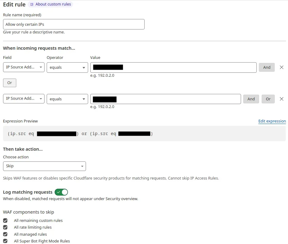 Creating WAF custom rule for allowed IPs to bypass WAF.