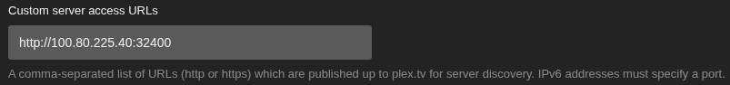 Custom server access URL setting in Plex Custom server access URL setting in Plex.