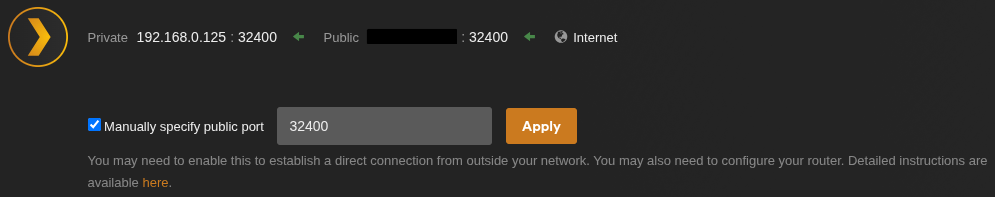 A screenshot of the Plex Media Server web-based user interface, Network settings, Remote Access page