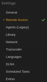 A screenshot of the Plex Media Server web-based user interface, settings page