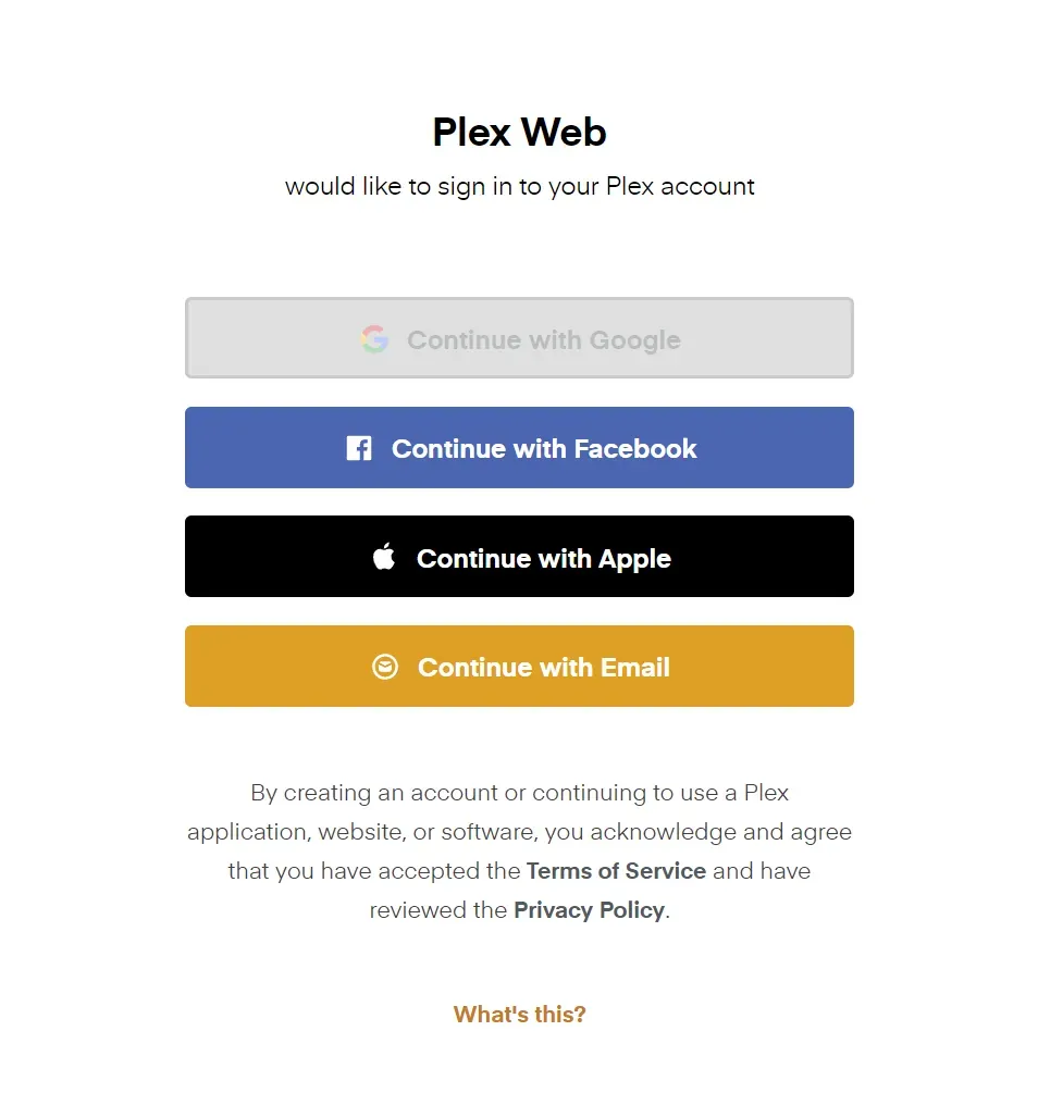 Plex Media Server login page.