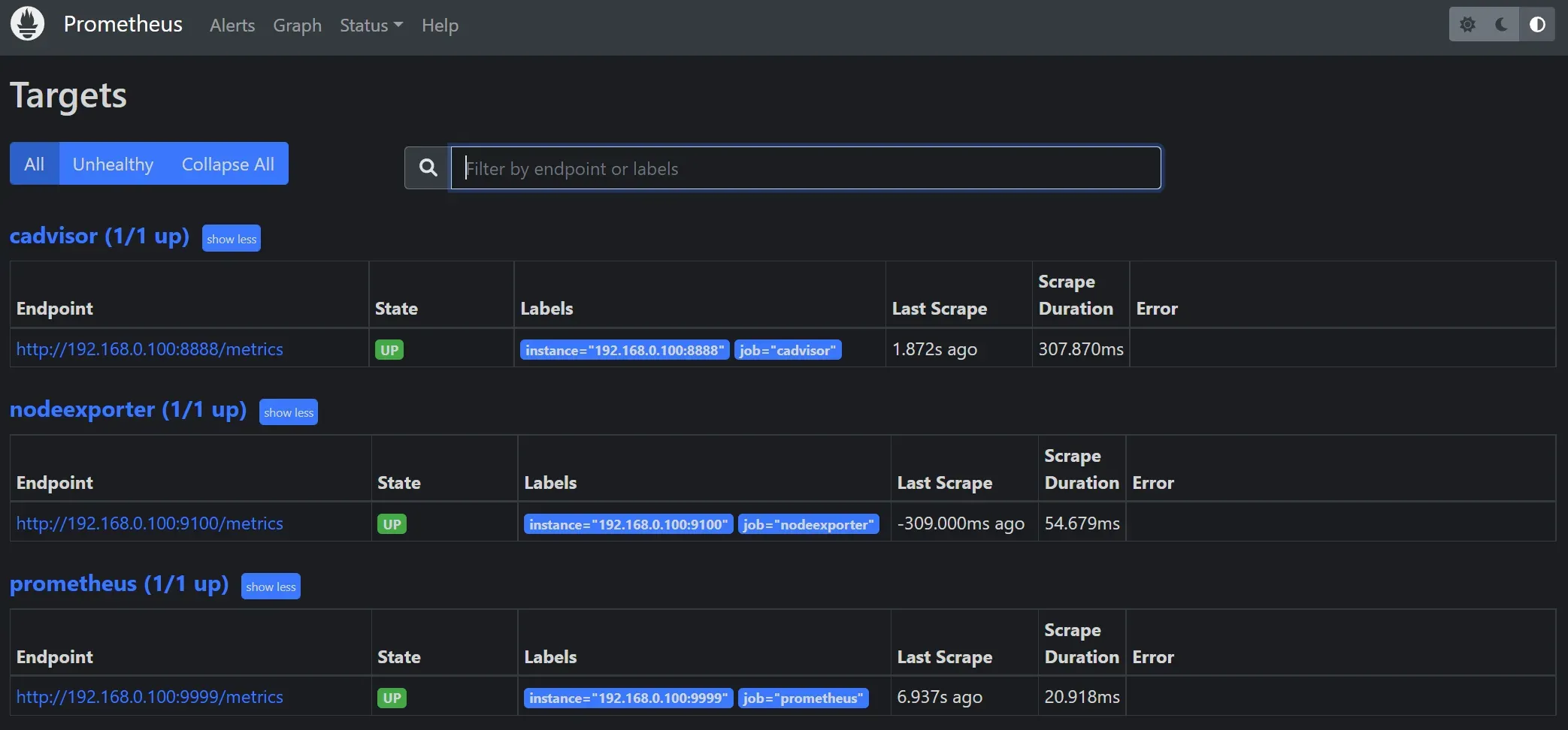 Targets in up state within Prometheus.