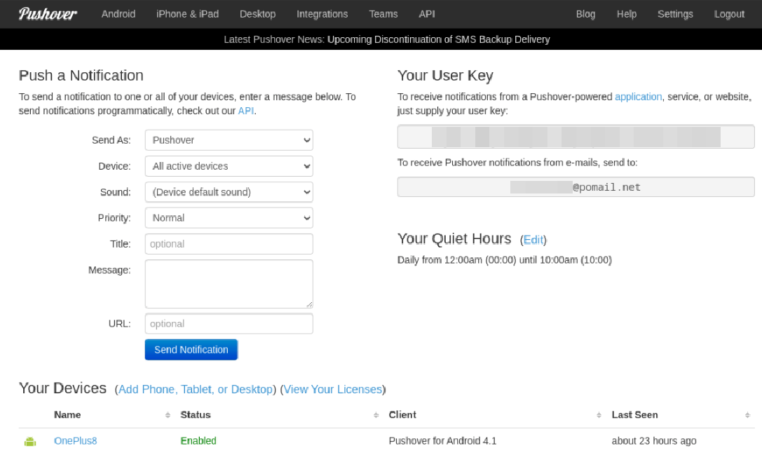 Pushover main page with User Key Pushover main page with User Key.