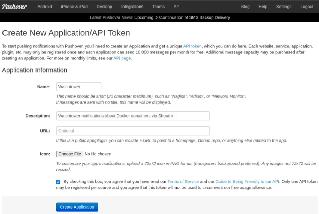 Creating new application in Pushover.