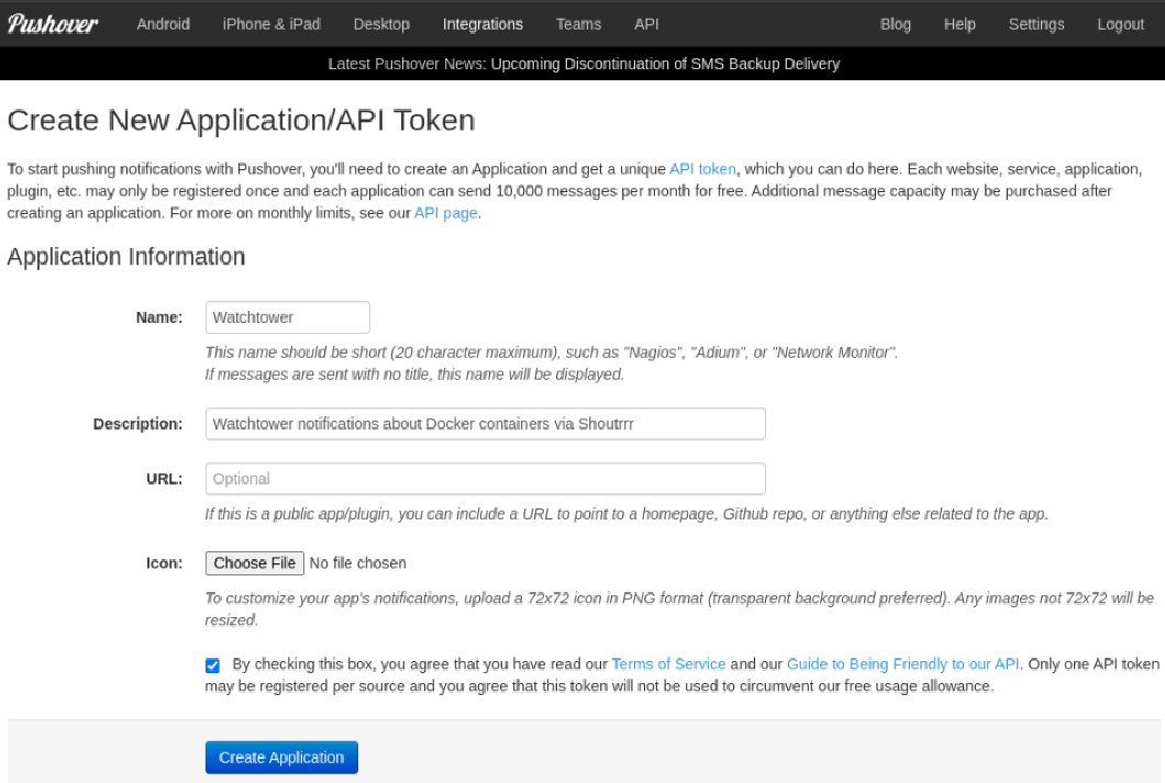 Creating new application in Pushover Creating new application in Pushover.
