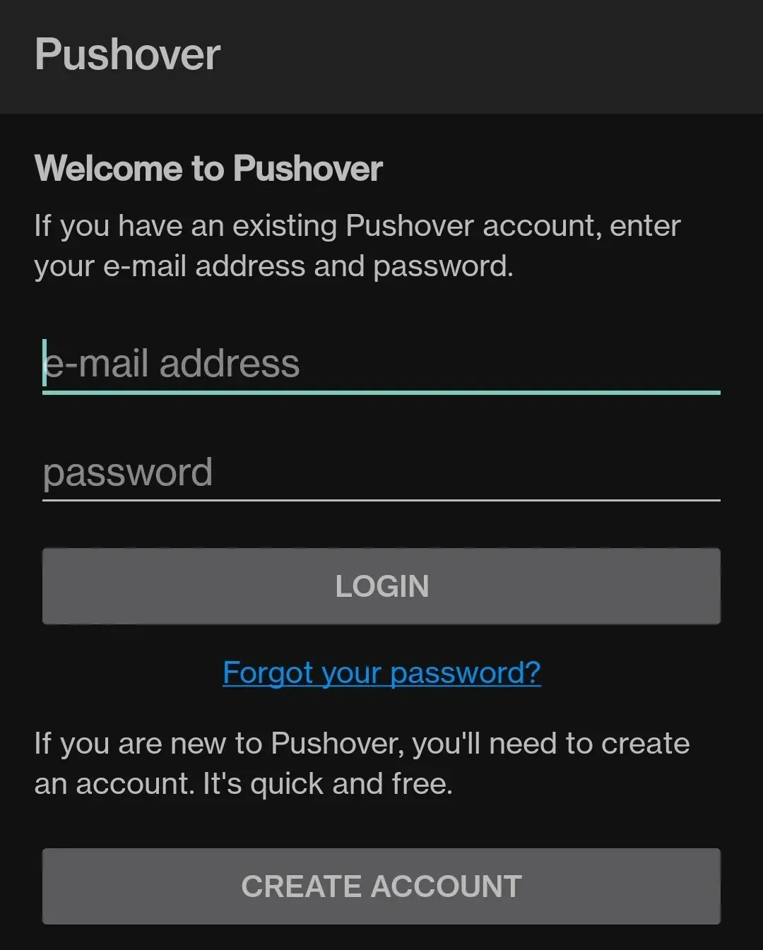 Logging in to Pushover mobile app.