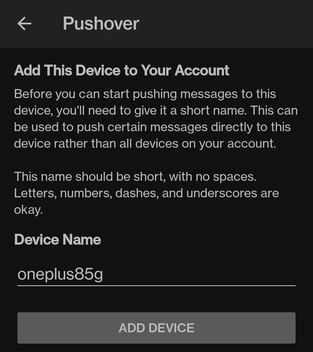 Naming device in Pushover mobile app Naming device in Pushover mobile app.