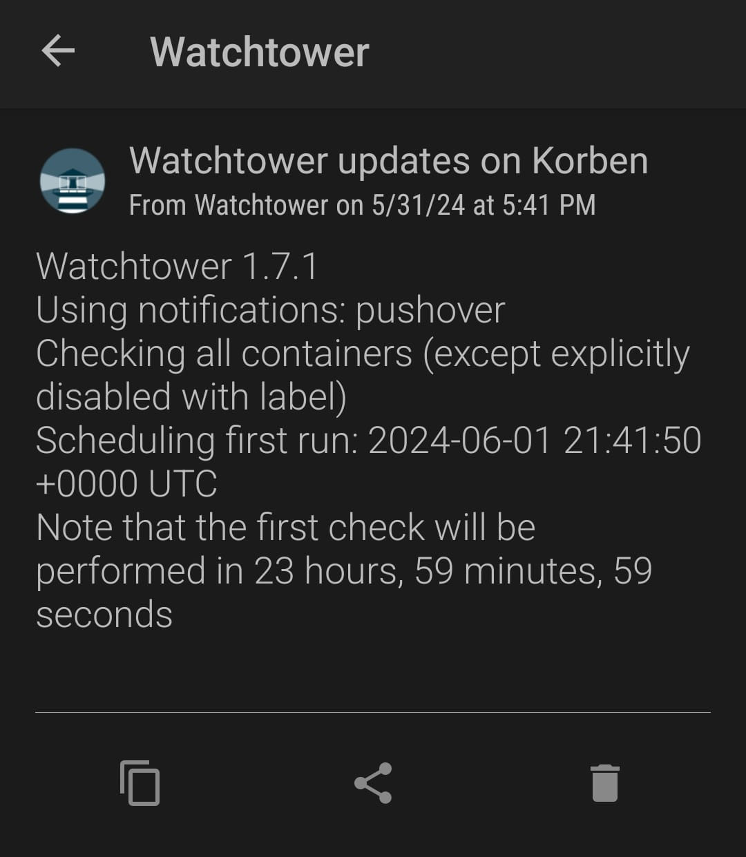 Initial Watchtower notification confirming Pushover is working Initial Watchtower notification confirming Pushover is working.
