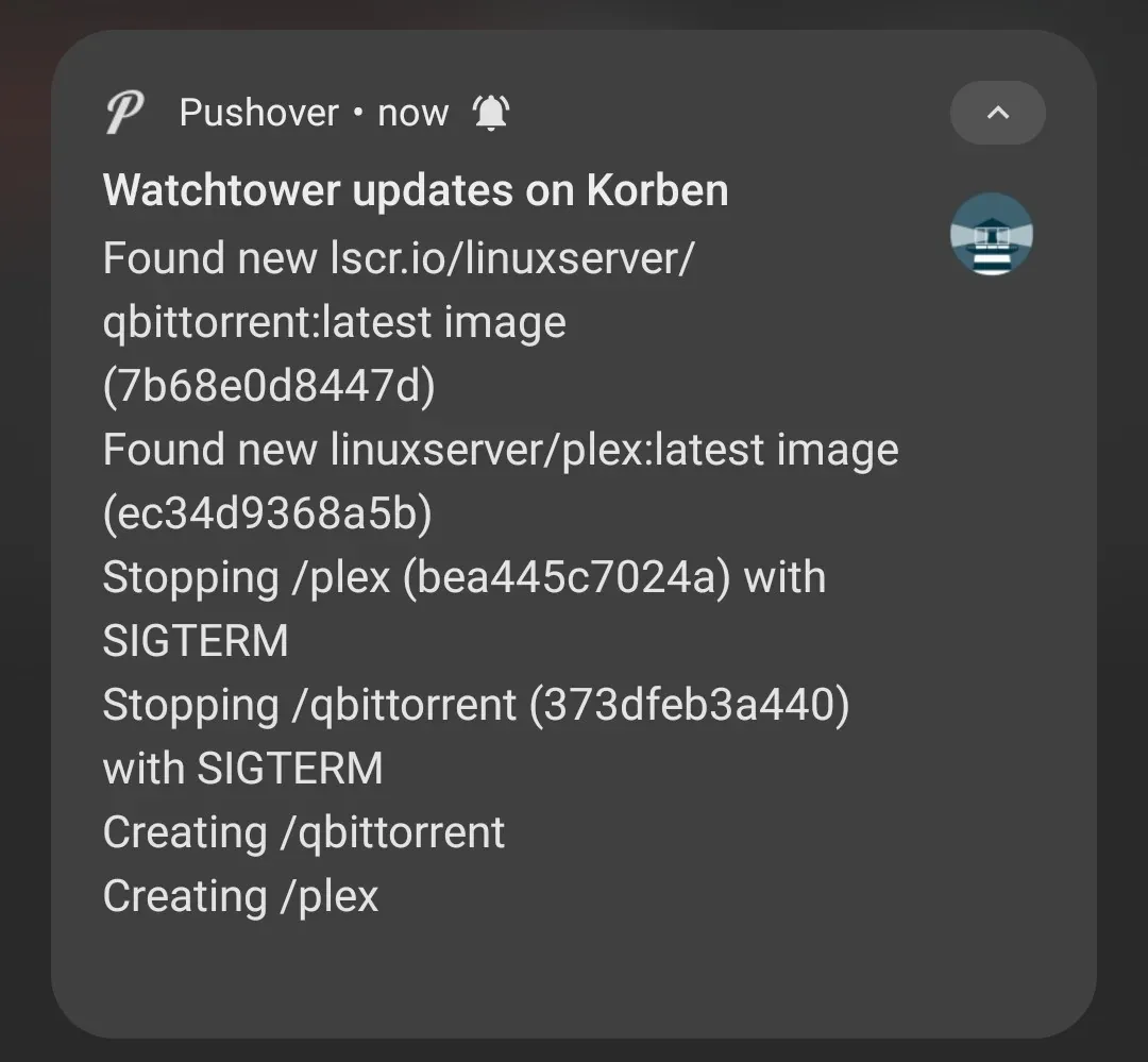 Example of Watchtower notification via Pushover.