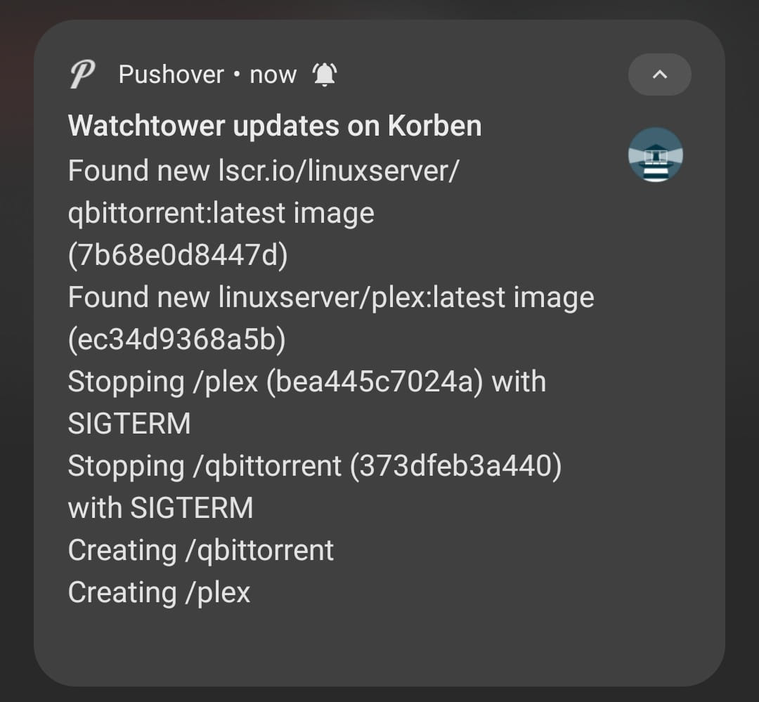 Example of Watchtower notification via Pushover Example of Watchtower notification via Pushover.