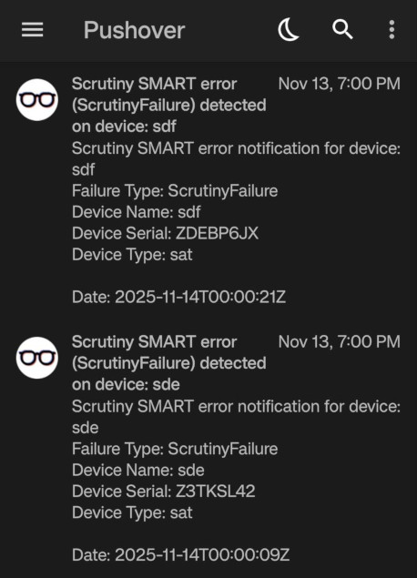 Scrutiny notifications about specific drive errors via Pushover.