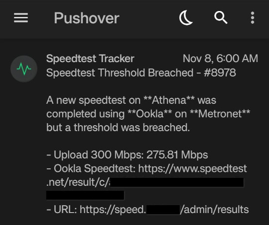 Speedtest Tracker push notification with Pushover
