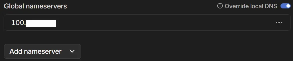 Custom nameserver with Override local DNS toggled on Custom nameserver with Override local DNS toggled on.