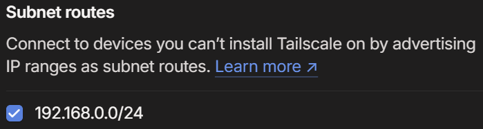 Enabling subnets in Tailscale admin console Enabling subnets in Tailscale admin console.