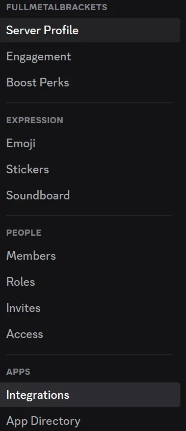 Integrations setting in Discord server.