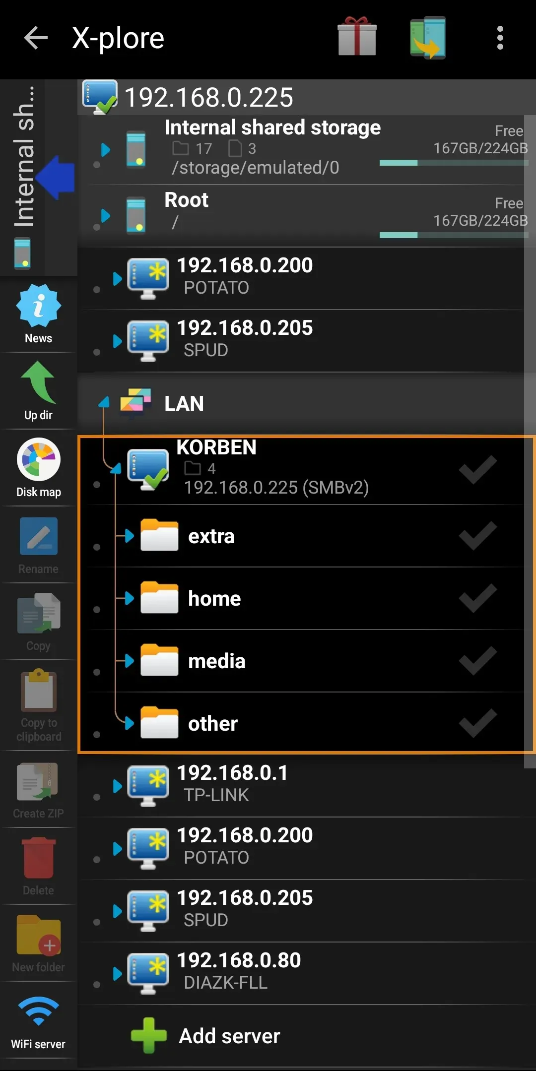 Accessing an internal storage folder in X-plore File Manager.