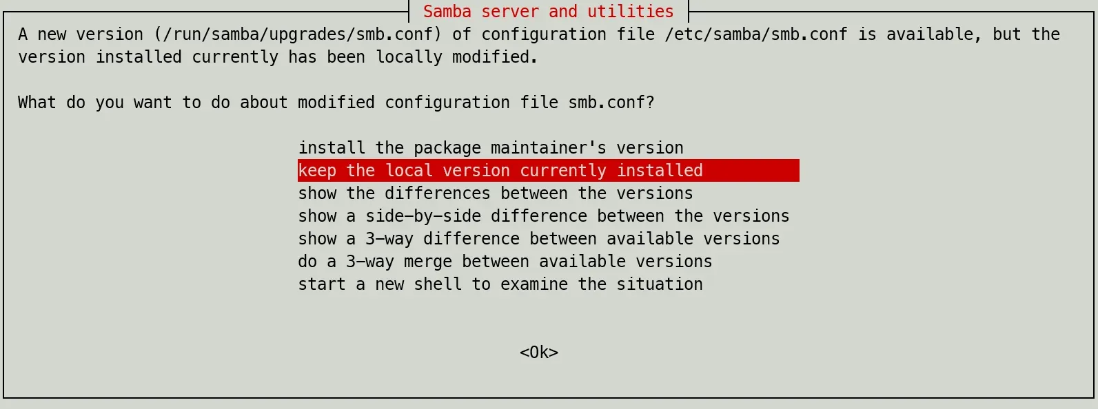 Prompt asking which version of SMB config file to keep.
